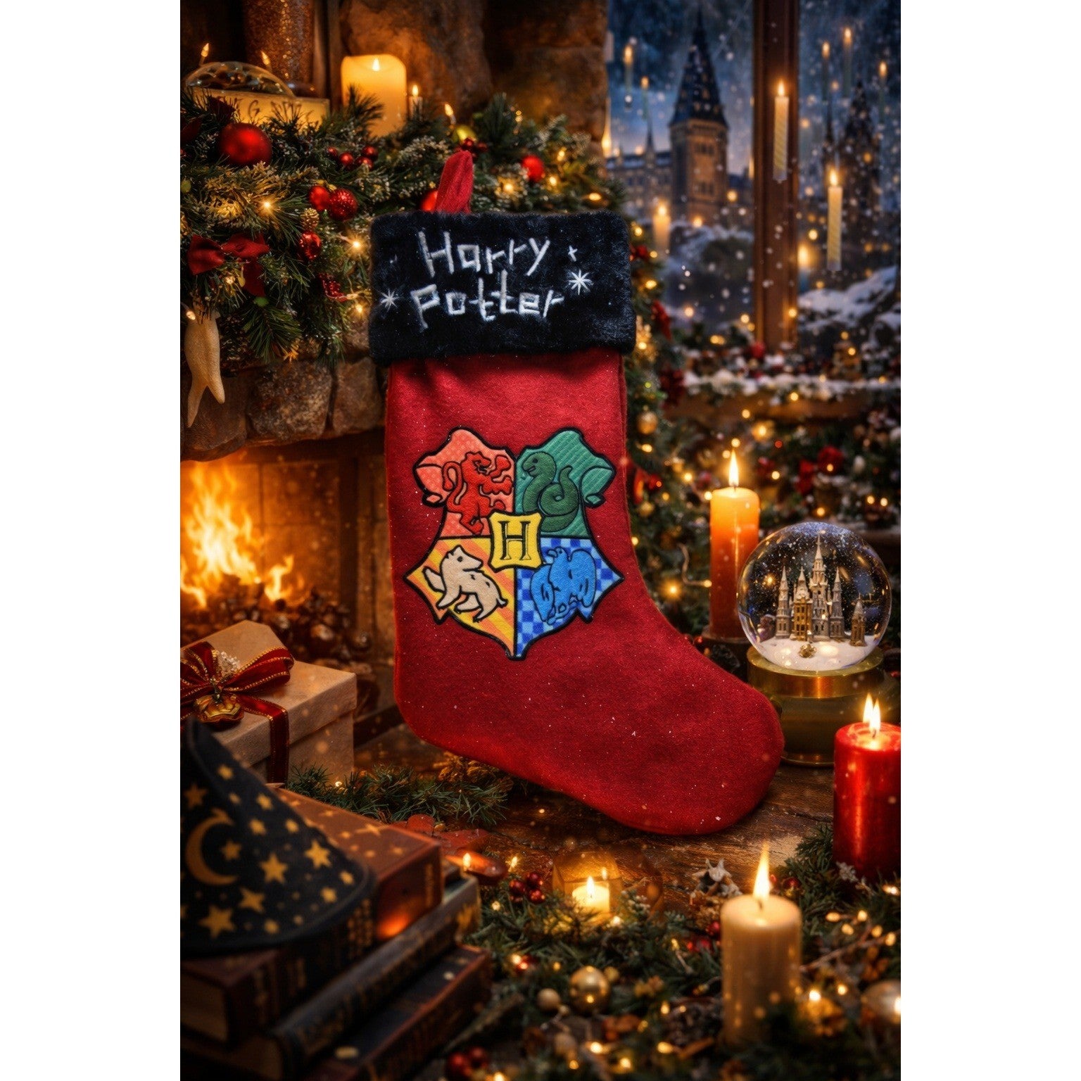 Vintage Harry Potter Hogwarts Crest Red & Black Christmas Stocking 18"