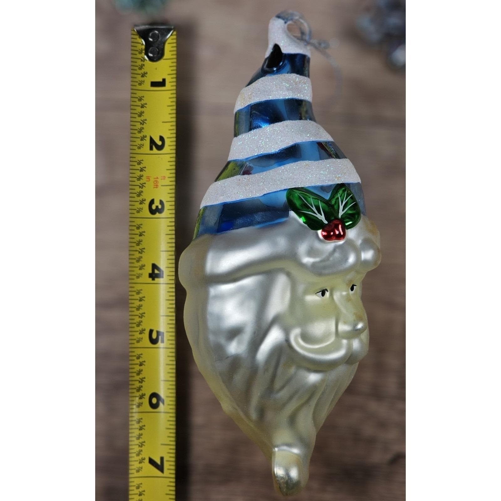 Vintage Handblown Glass Santa Ornament 7 Inch Blue Hat 1970s