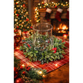 Glass Hurricane Candle Holder with Faux Greenery Ring, 6" Tall Table Decor