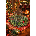 Glass Hurricane Candle Holder with Faux Greenery Ring, 6" Tall Table Decor