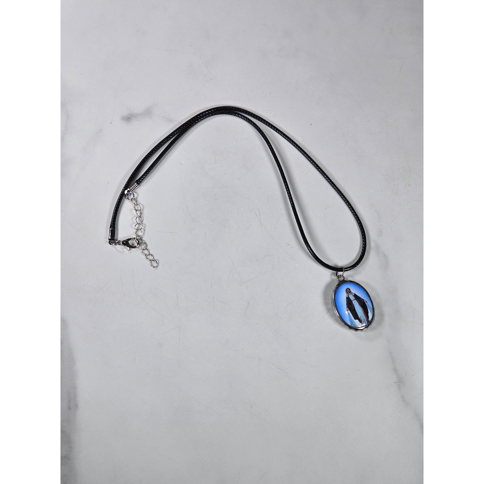 Vintage Blue Madonna Pendant Necklace with Cross Back