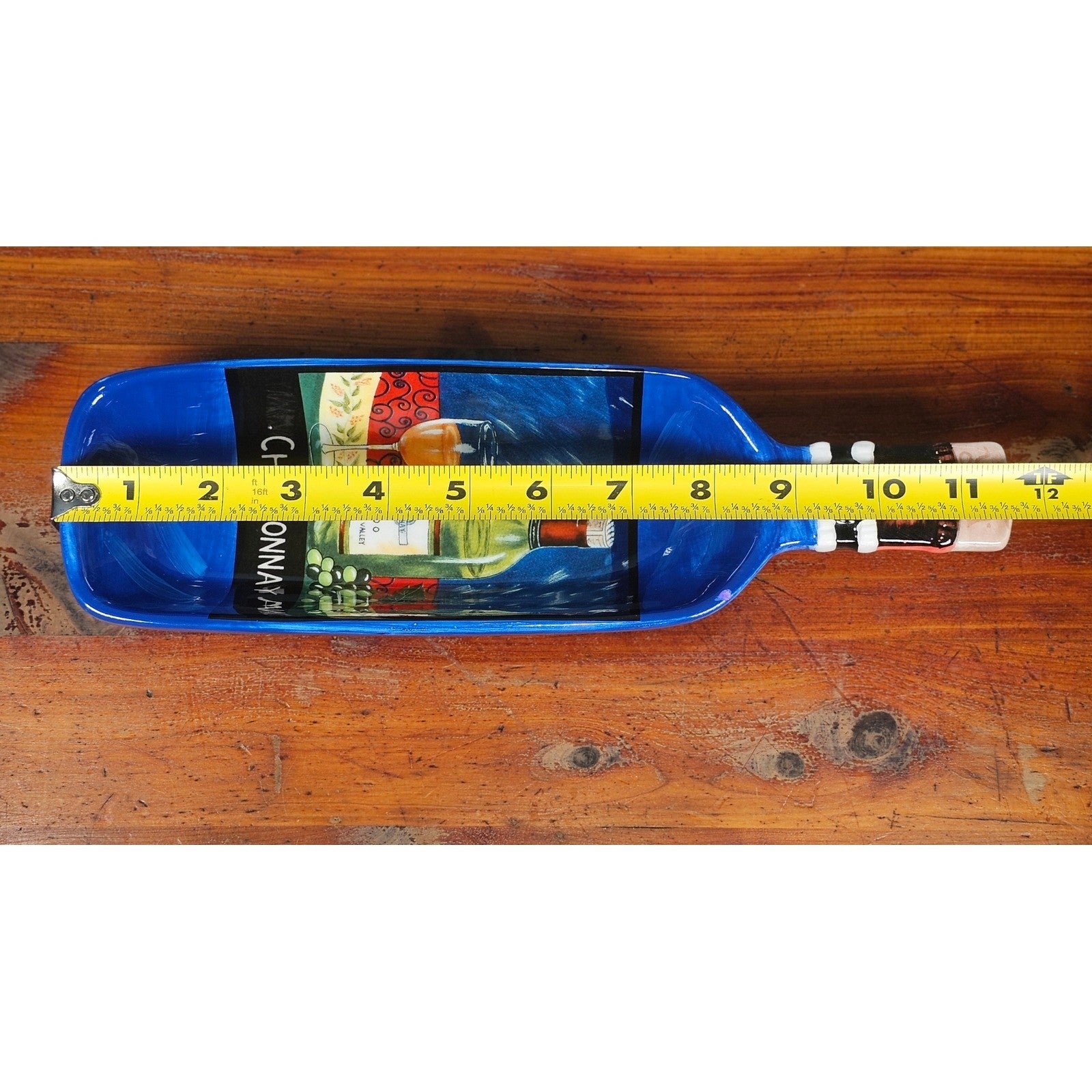 Blue Ceramic Wine Bottle Shaped Serving Dish with Chardonnay Scene NAPA VALLEY