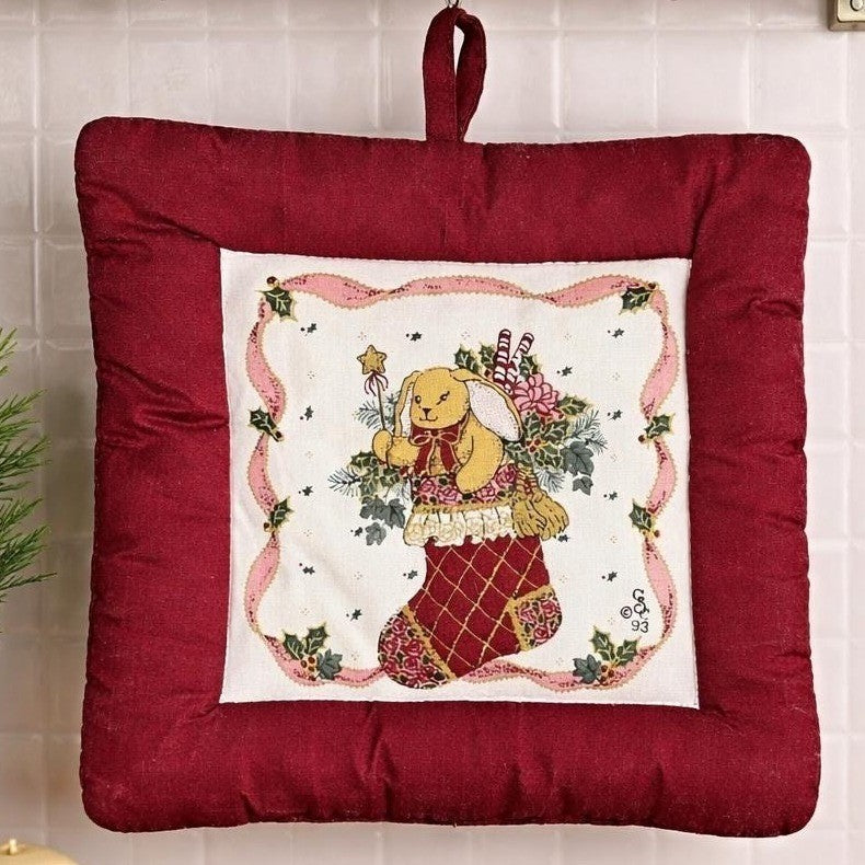 Handmade Quilted Bear Ornament Stocking Burgundy Christmas Decor
