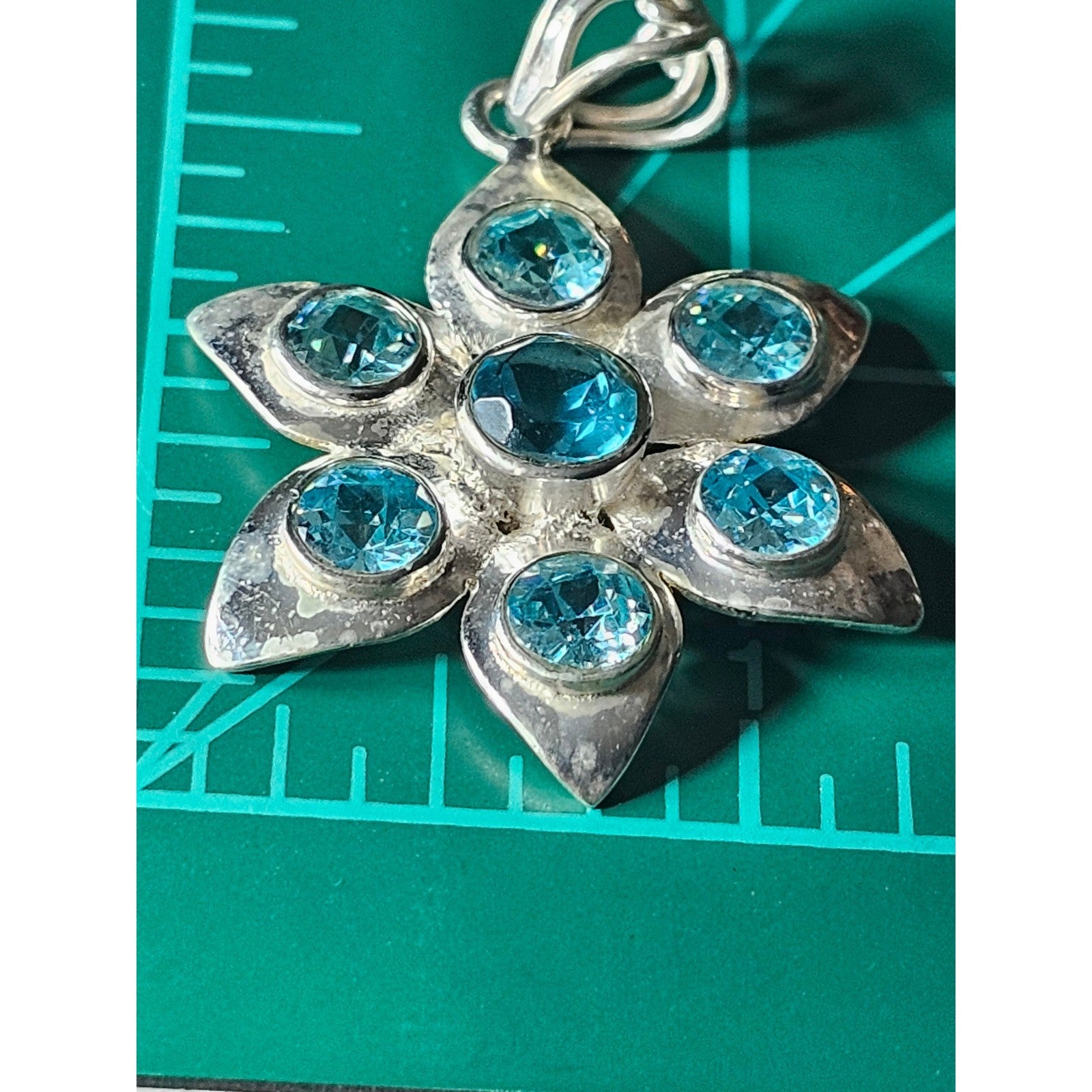 Vintage Sterling Silver Blue Stone Flower Pendant .925 Floral Necklace Charm