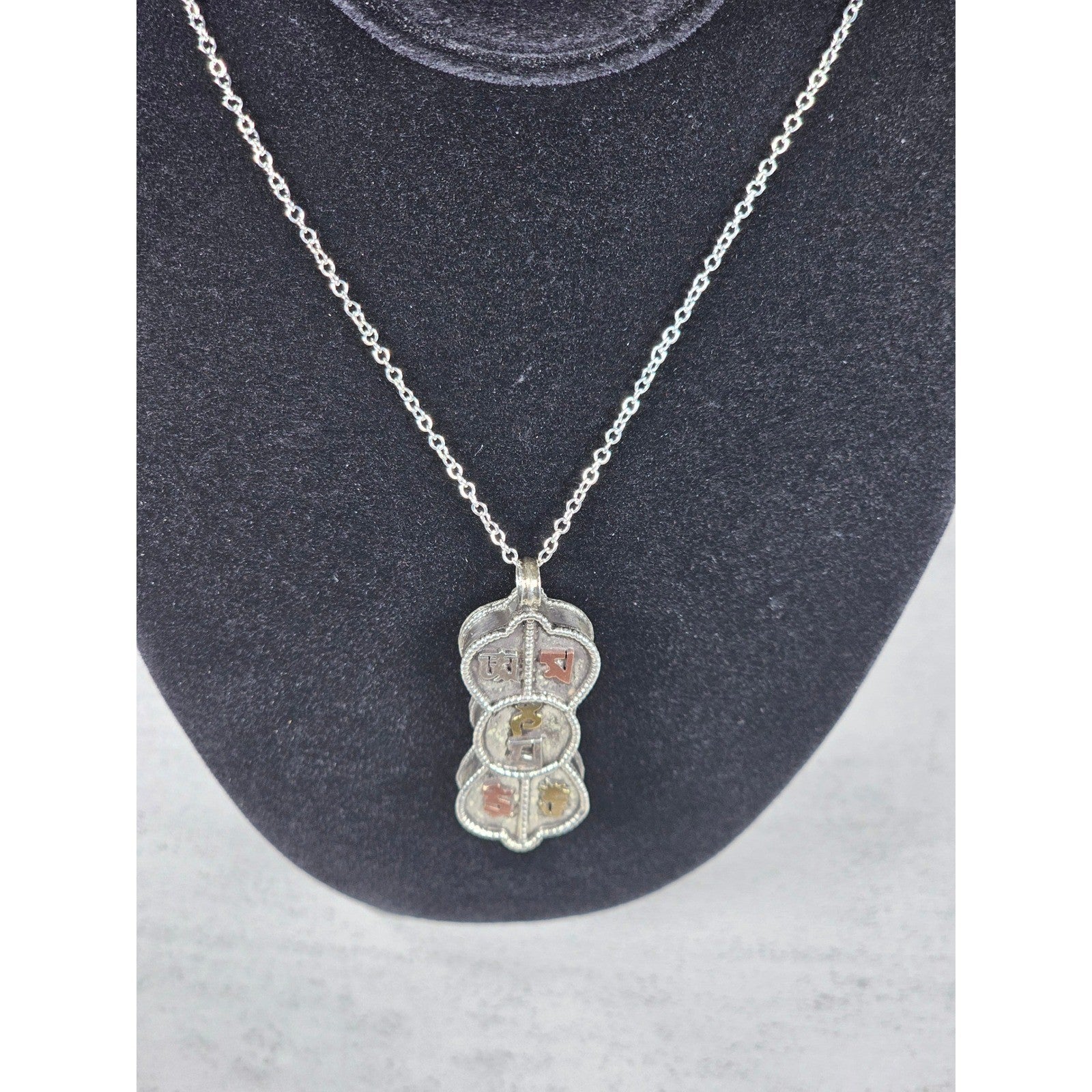 Vintage Mixed Metal Script Pendant Necklace Silver Tone Spiritual Charm