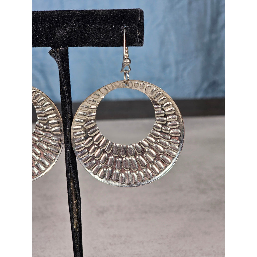 Vintage Blue & Silver Tone Textured Hoop Dangle Earrings