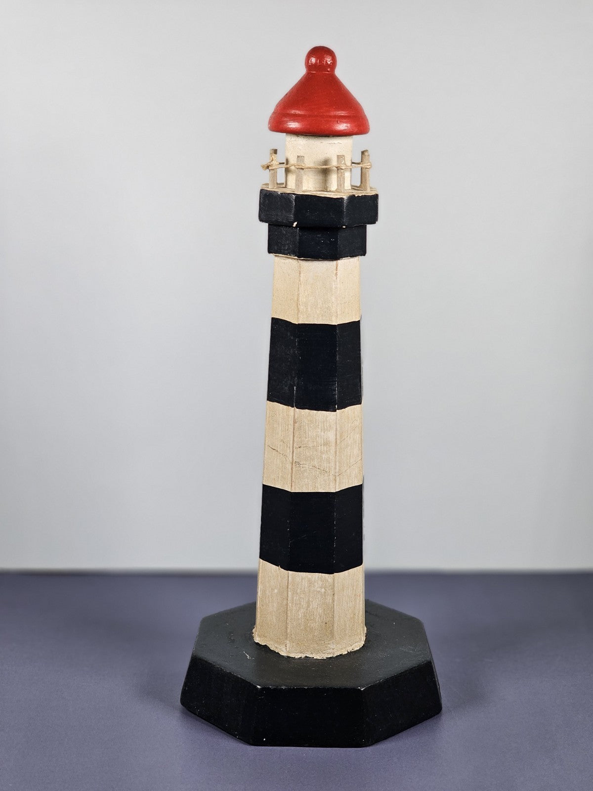 Vintage Wooden Lighthouse Figurine Black White Red Nautical Coastal Decor
