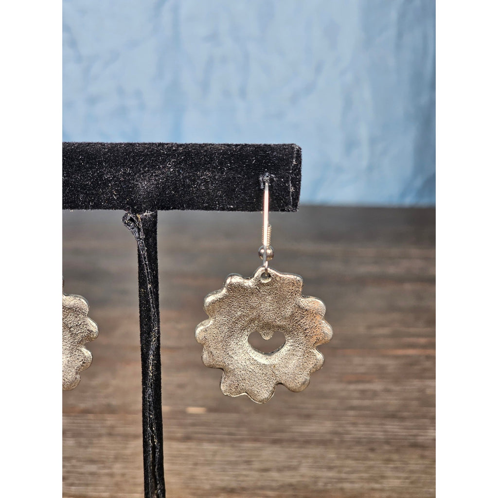 Textured Silver-Tone Floral Heart Dangle Earrings Vintage Style