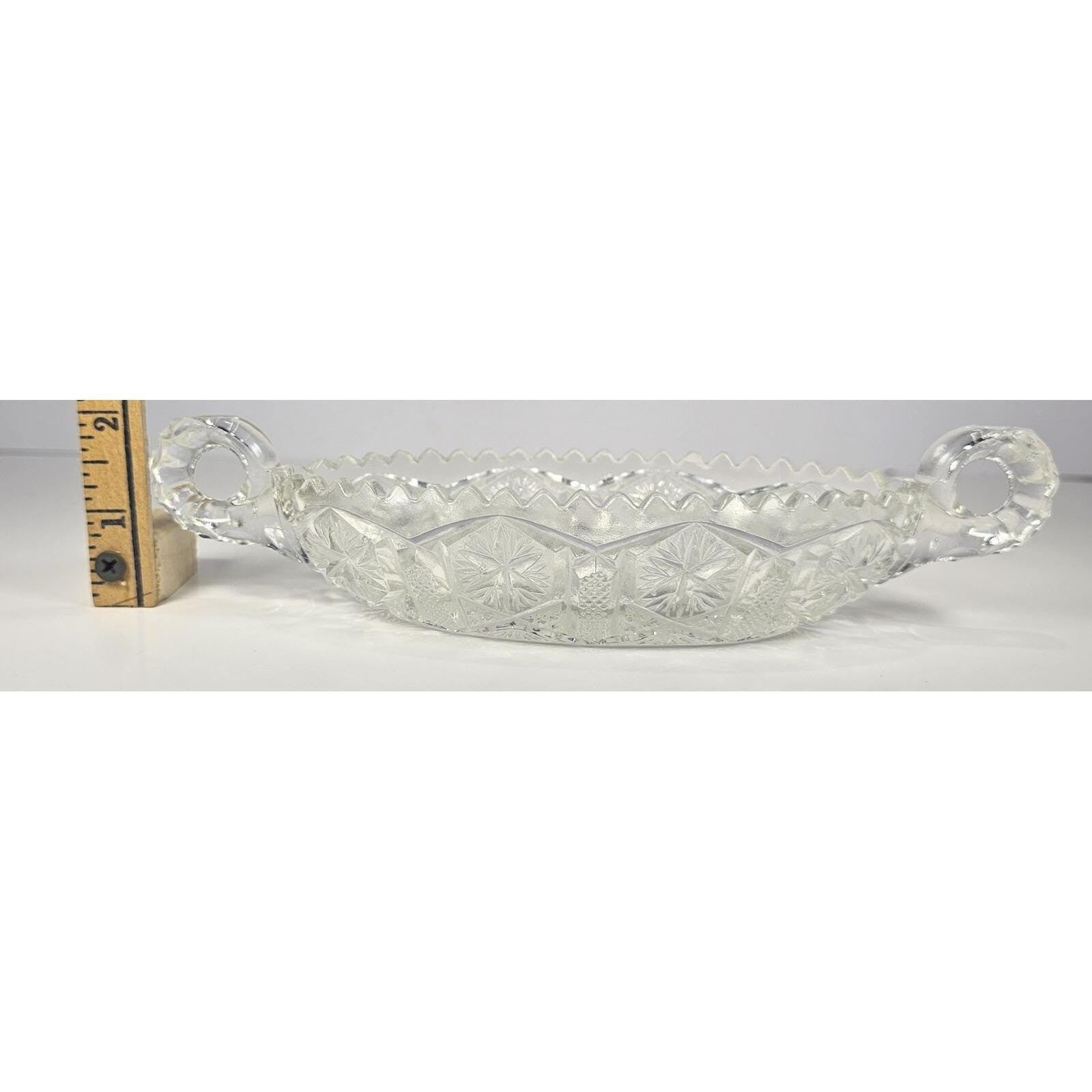 Cut Glass Candy Dish Starburst Pattern Handled Vintage