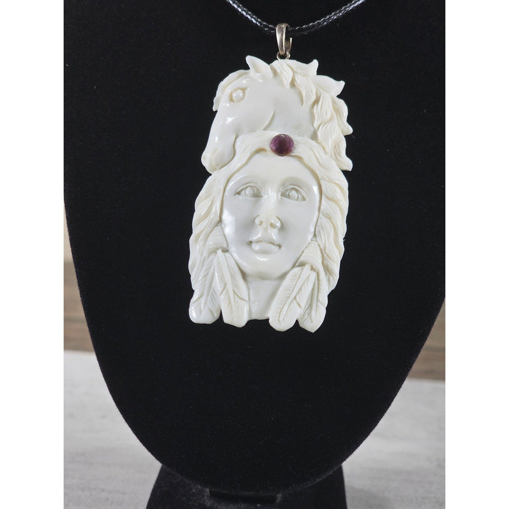 Vintage Carved Face & Horse Pendant Necklace with Red Stone
