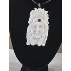 Vintage Carved Face & Horse Pendant Necklace with Red Stone