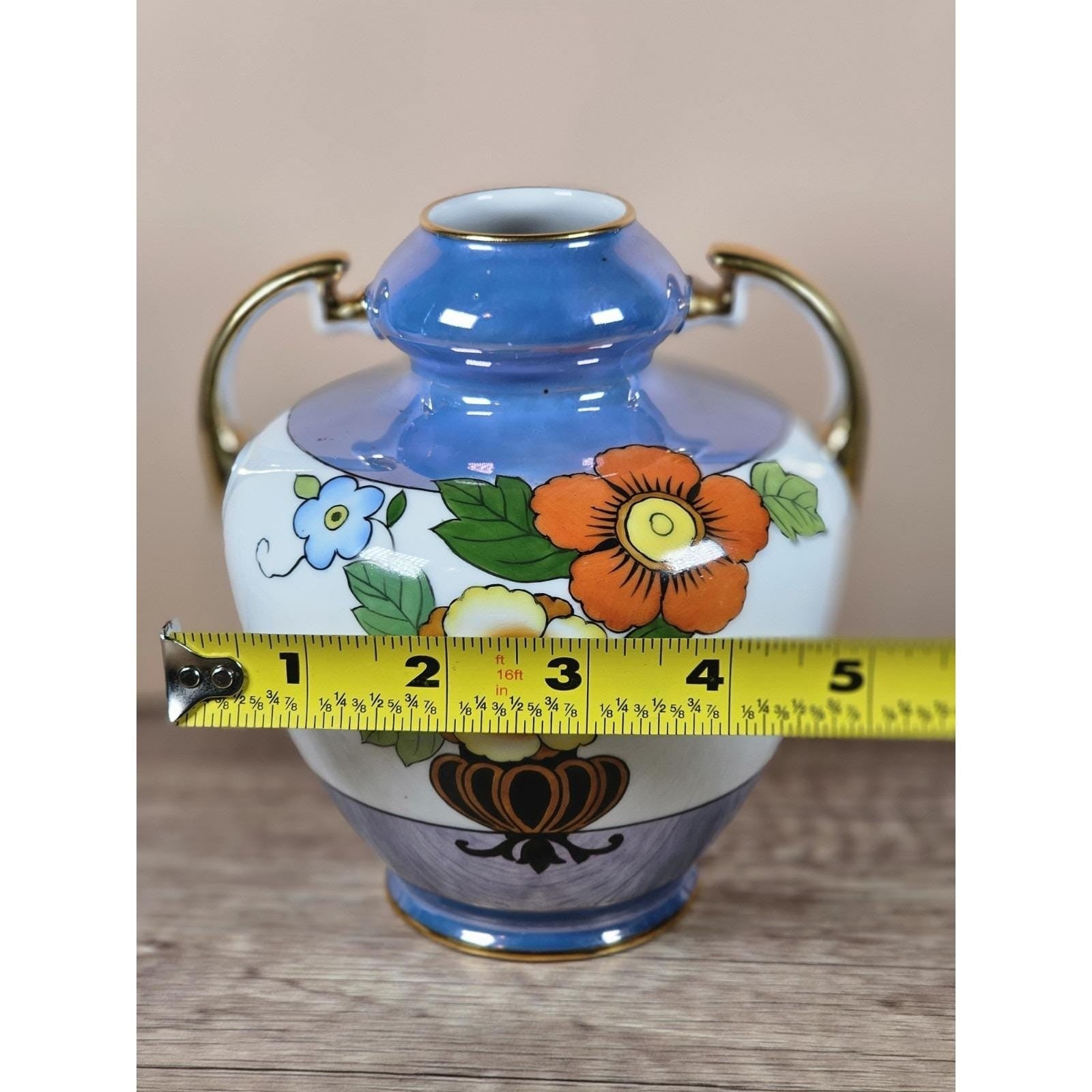 Vintage Asian Floral Ceramic Vase With Handles Blue White Pottery Decor