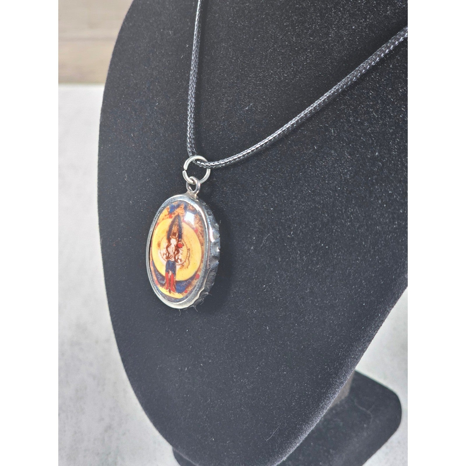 Vintage Religious Icon Pendant Necklace Oval Art Medallion