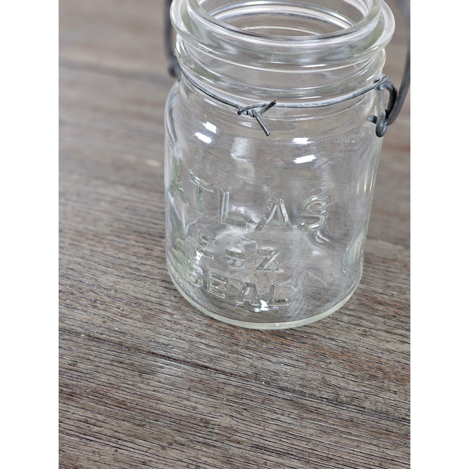Vintage Atlas E-Z Seal Glass Jar Wire Bail Lid 5x3 Clear Embossed