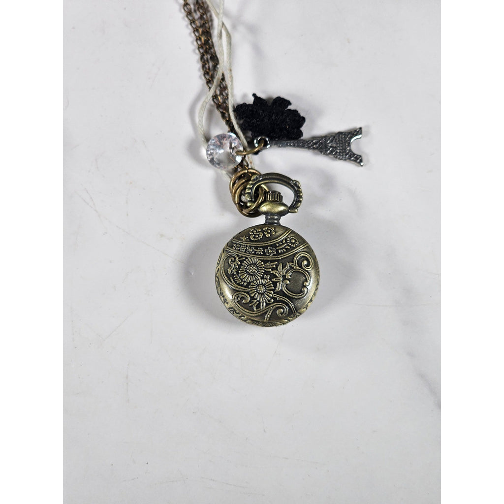 Vintage Pocket Watch Necklace Eiffel Tower Charm Long Chain