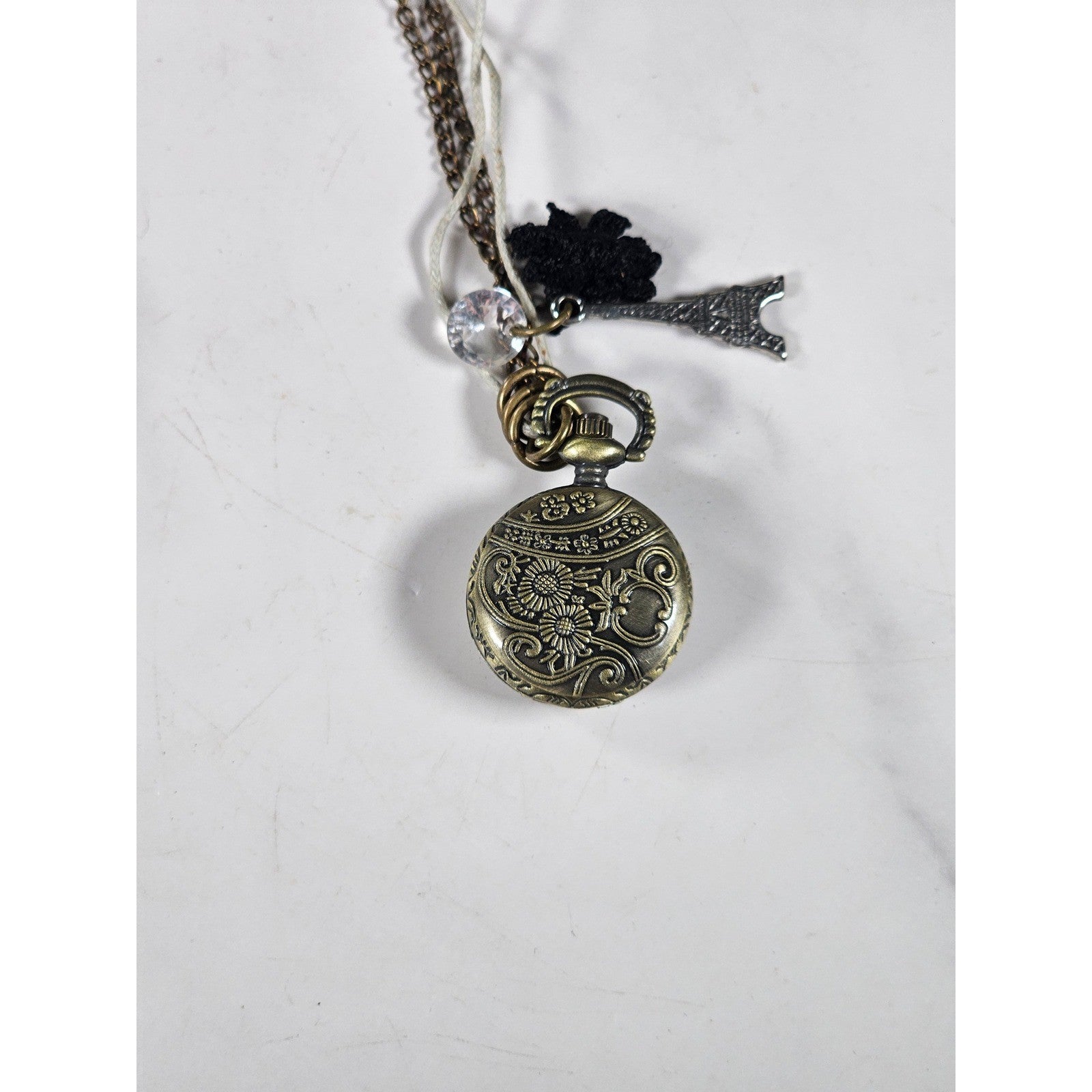 Vintage Pocket Watch Necklace Eiffel Tower Charm Long Chain