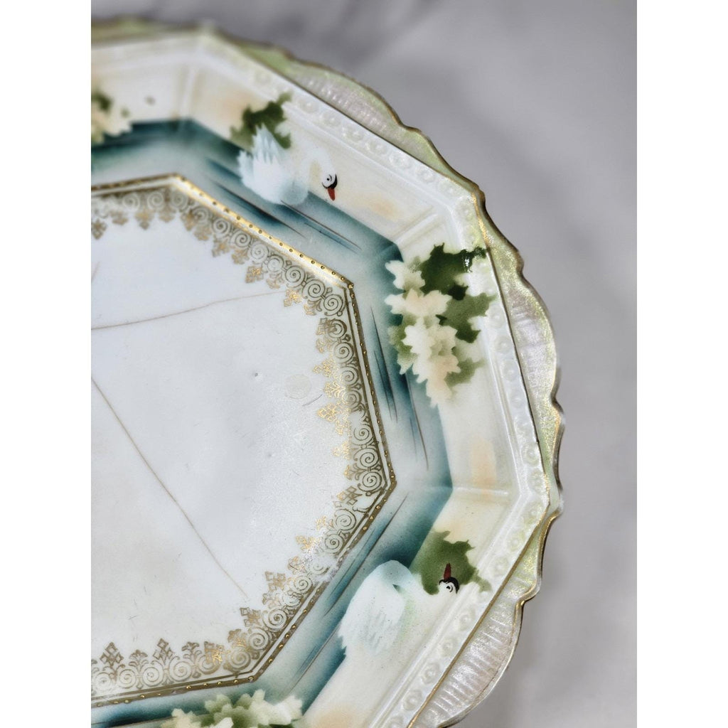 Vintage RS Prussia Octagonal Plate Hand Painted Swans Floral Germany READ