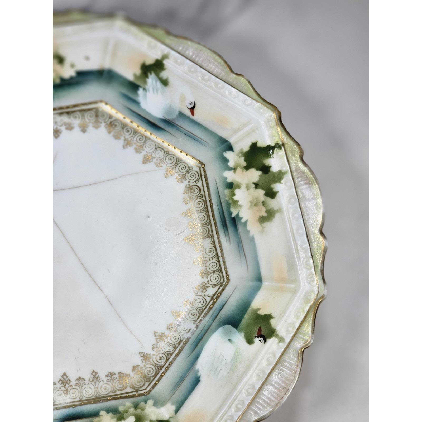 Vintage RS Prussia Octagonal Plate Hand Painted Swans Floral Germany READ