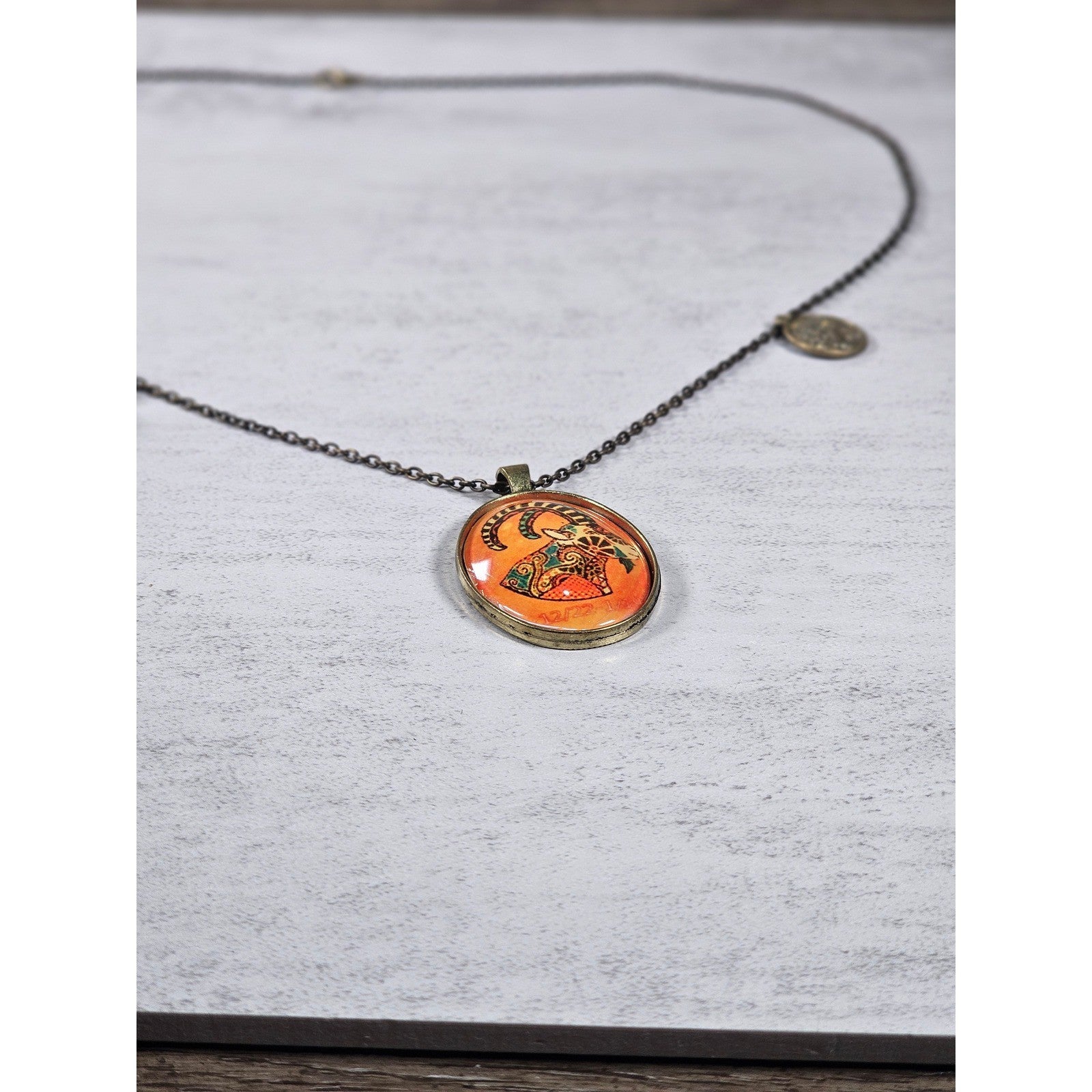 Vintage Oval Art Pendant Necklace Boho Goat Image Brass Tone