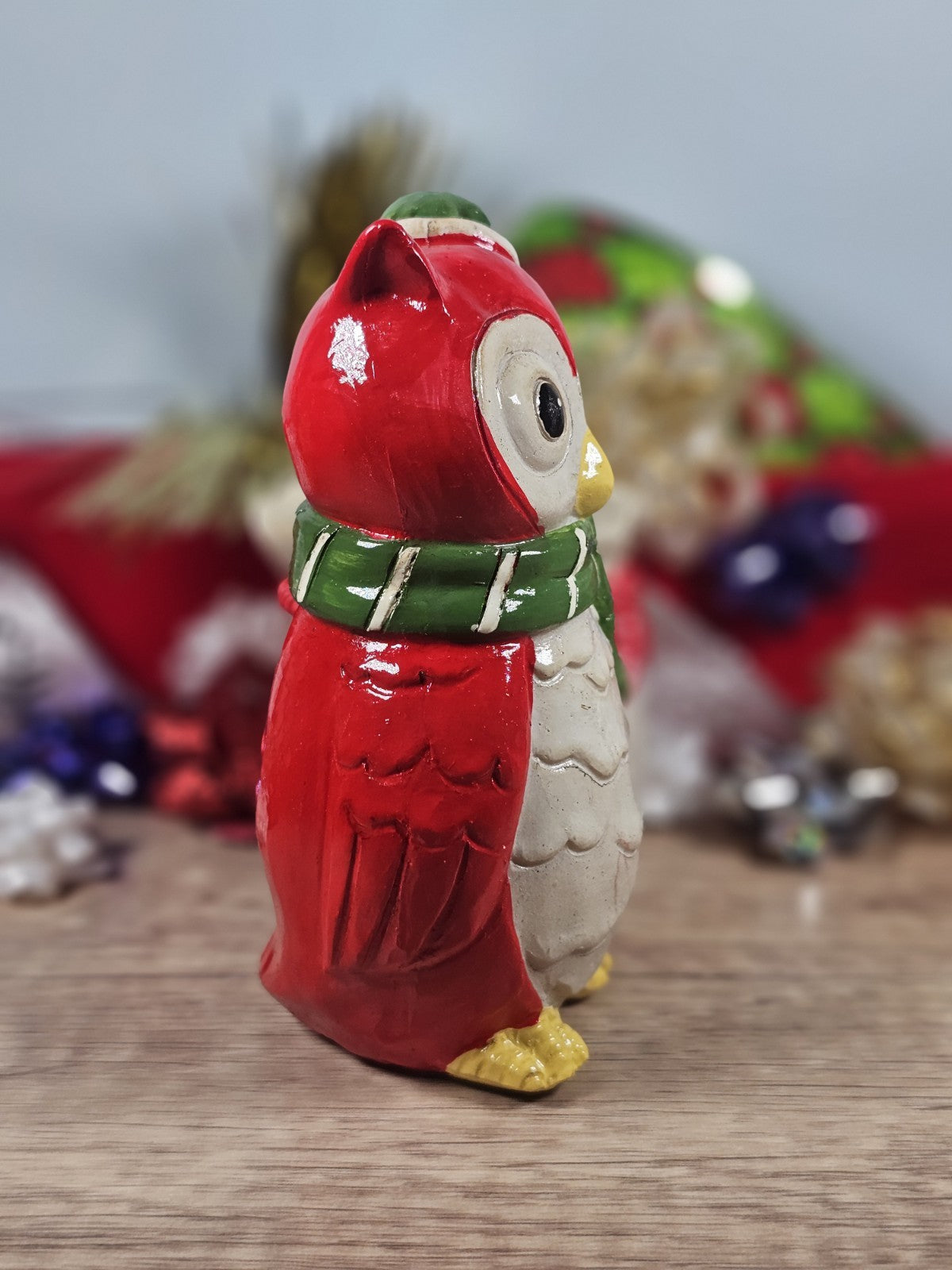 Vintage Christmas Owl Planter Figurine  80s Red Festive Decor  5.5" x 5" Fibergl