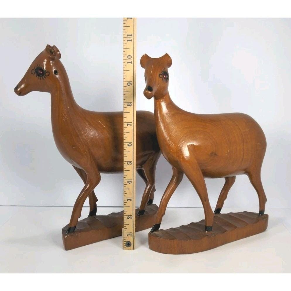 Vintage Hand Carved Wooden Deer Bookends Rustic Lodge Cabin Decor Pair