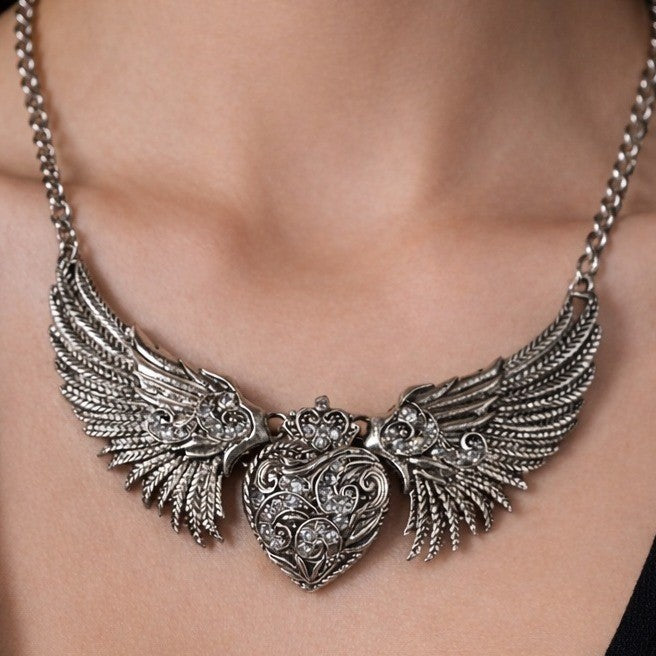 Vintage Winged Heart Rhinestone Necklace Silver Tone Statement