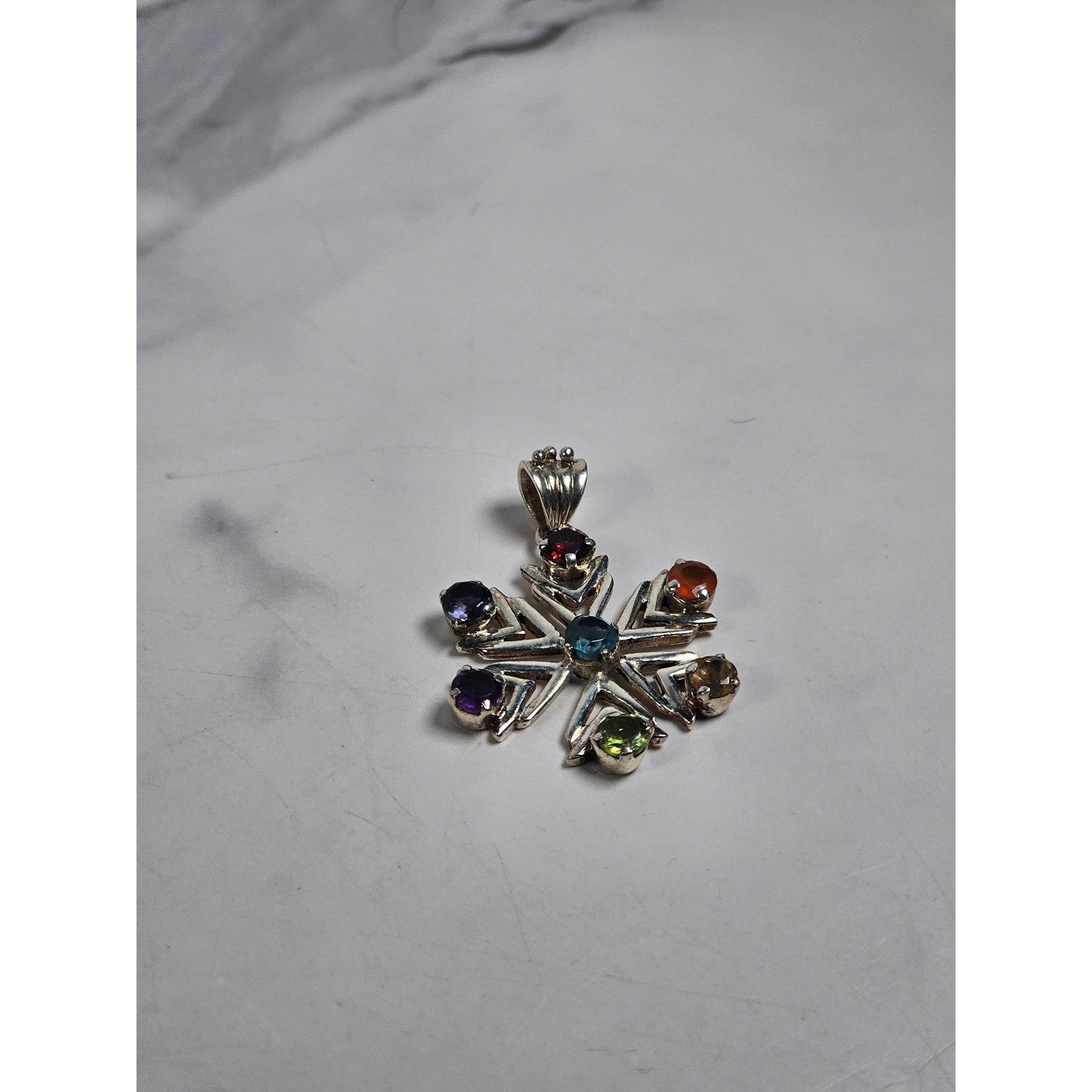 Vintage Sterling Silver Multistone Snowflake Pendant | Colorful Gemstone Charm