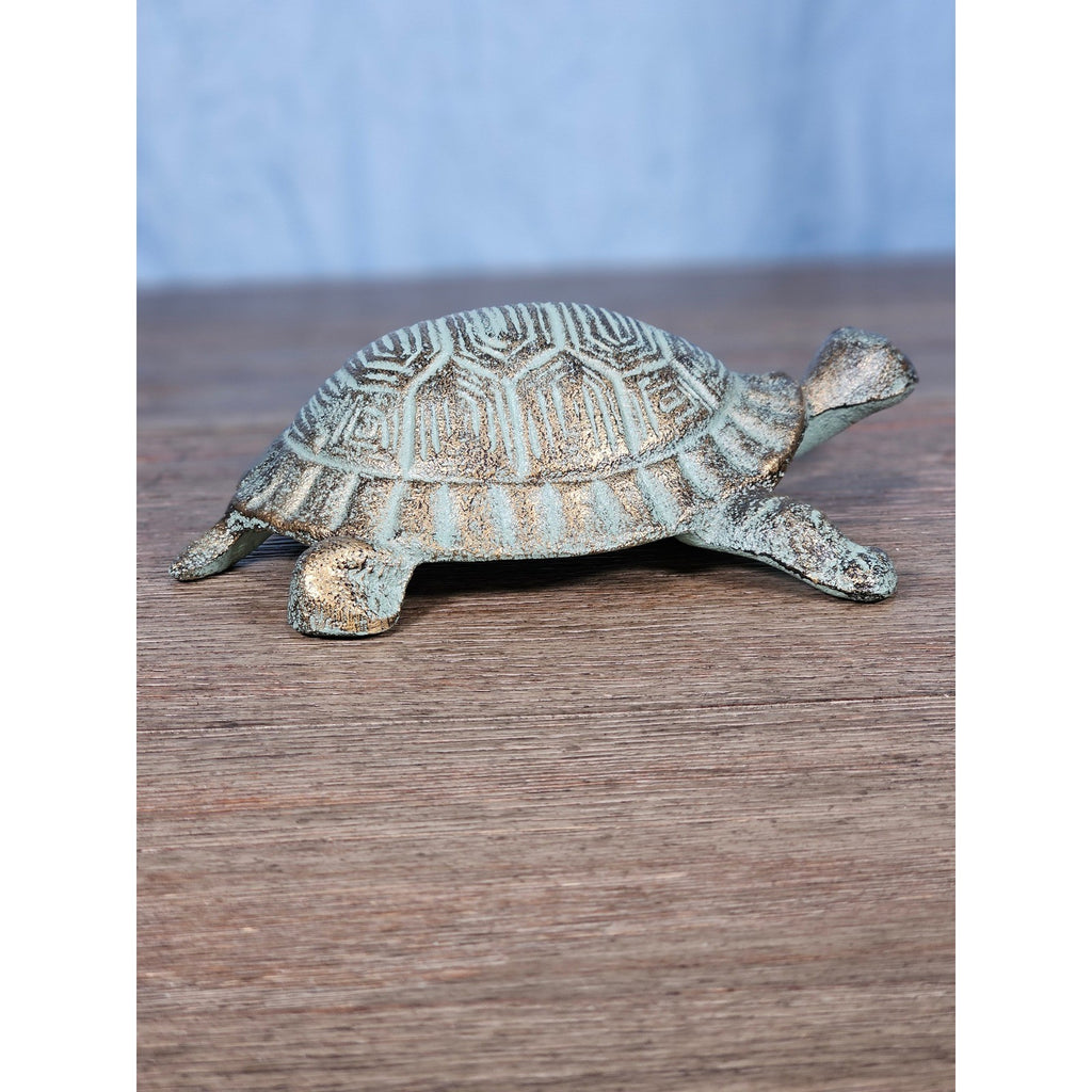 Cast Iron Turtle Decor Tabletop Accent Green Patina Coastal Figurine
