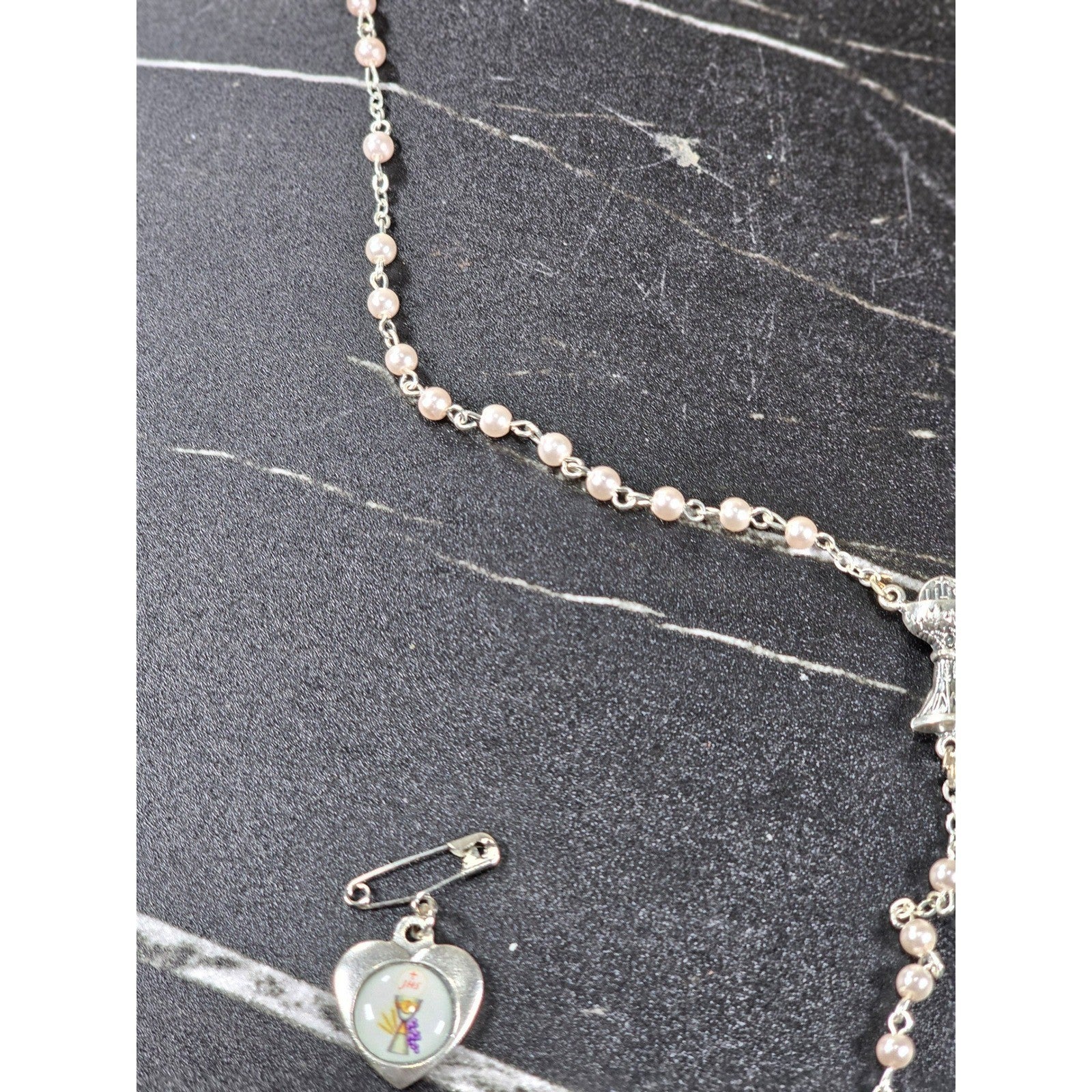 Vintage Rosary Necklace & Heart Pin Set with Case Religious