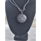Vintage Carved Black Pendant Necklace Sunburst Lotus Design