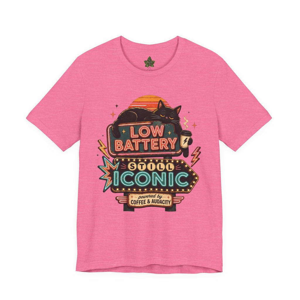 Low Battery Still Iconic Shirt, Black Cat Coffee Graphic Tee