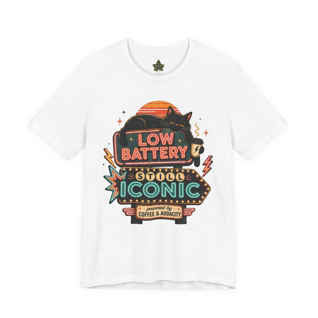Low Battery Still Iconic Shirt, Black Cat Coffee Graphic Tee